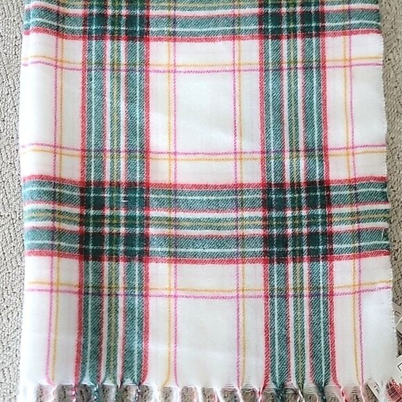LOFT Outlet Plaid Cream Green Red Pink Fringe Hem Winter Scarf - Picture 3 of 7